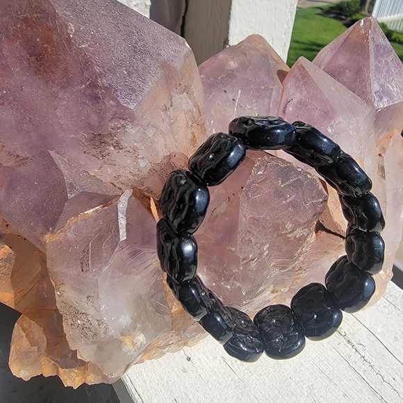 17x7mm Natural Black Tourmaline Crystal Natural Gemstone Beads Beaded Bracelet - Picture 5 of 6